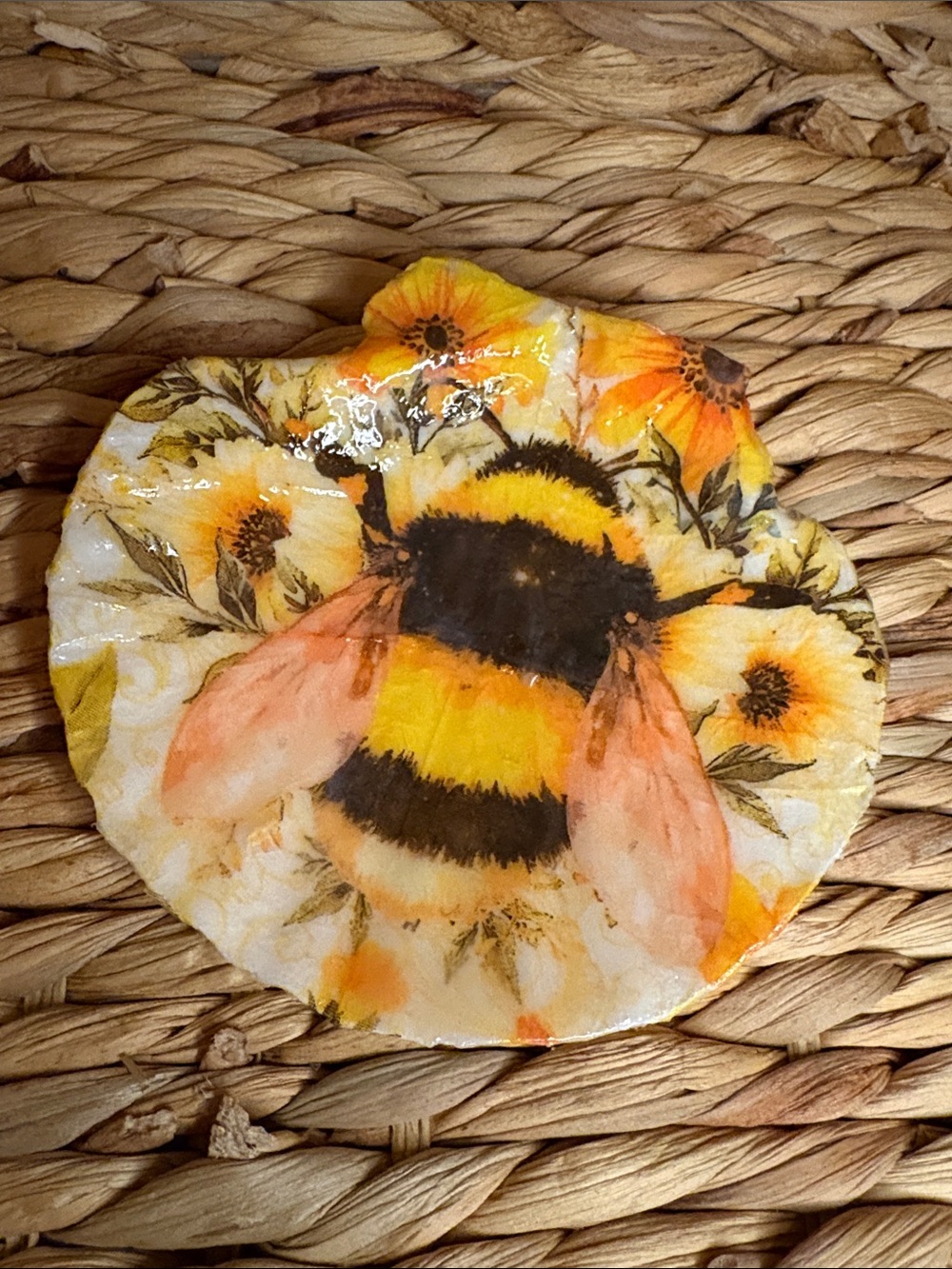 Hand Crafted Yellow & Black Bumblebee Floral Shell Accent Dish